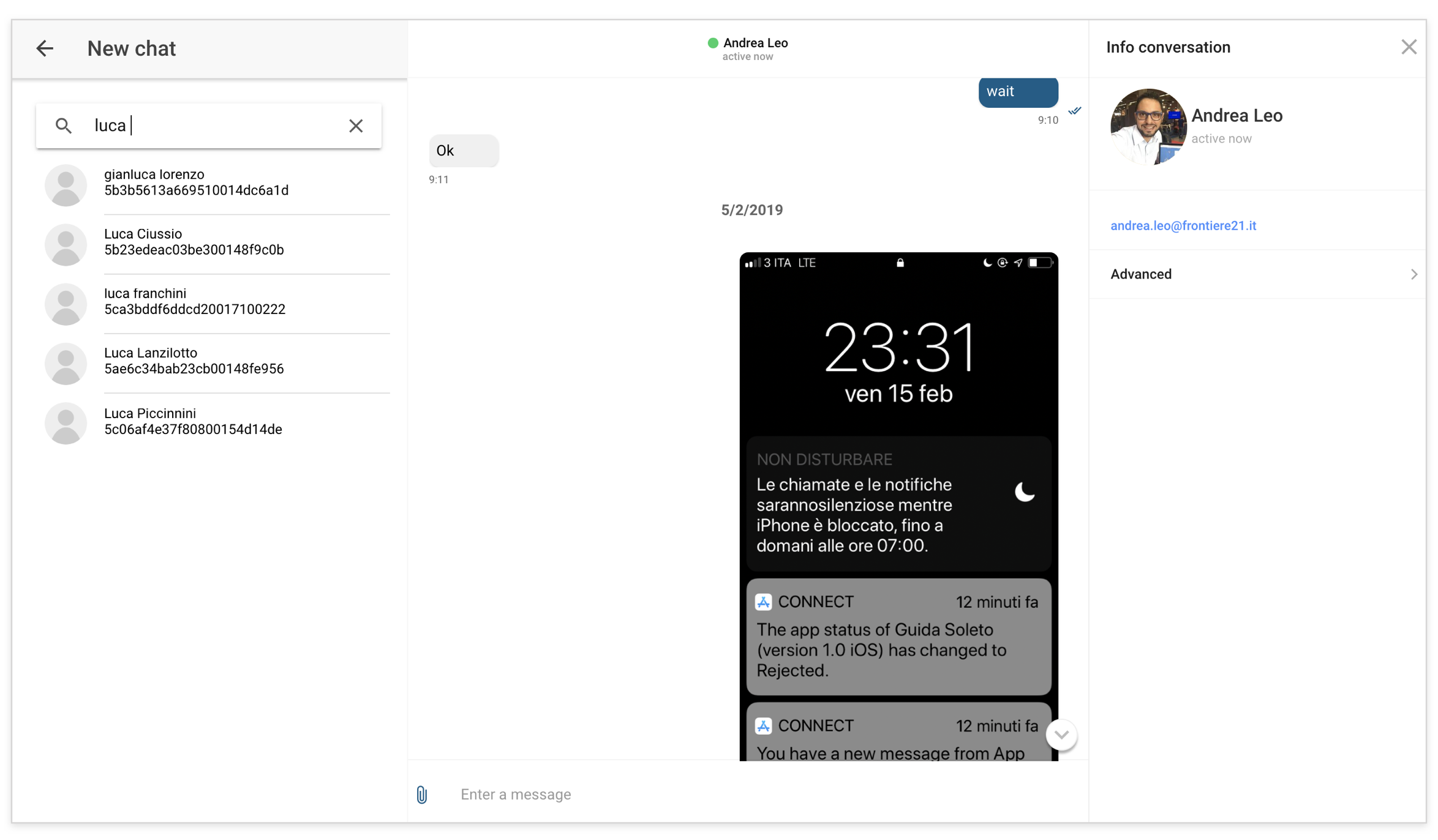 Ein Screenshot von CHAT21-IONIC-Demo