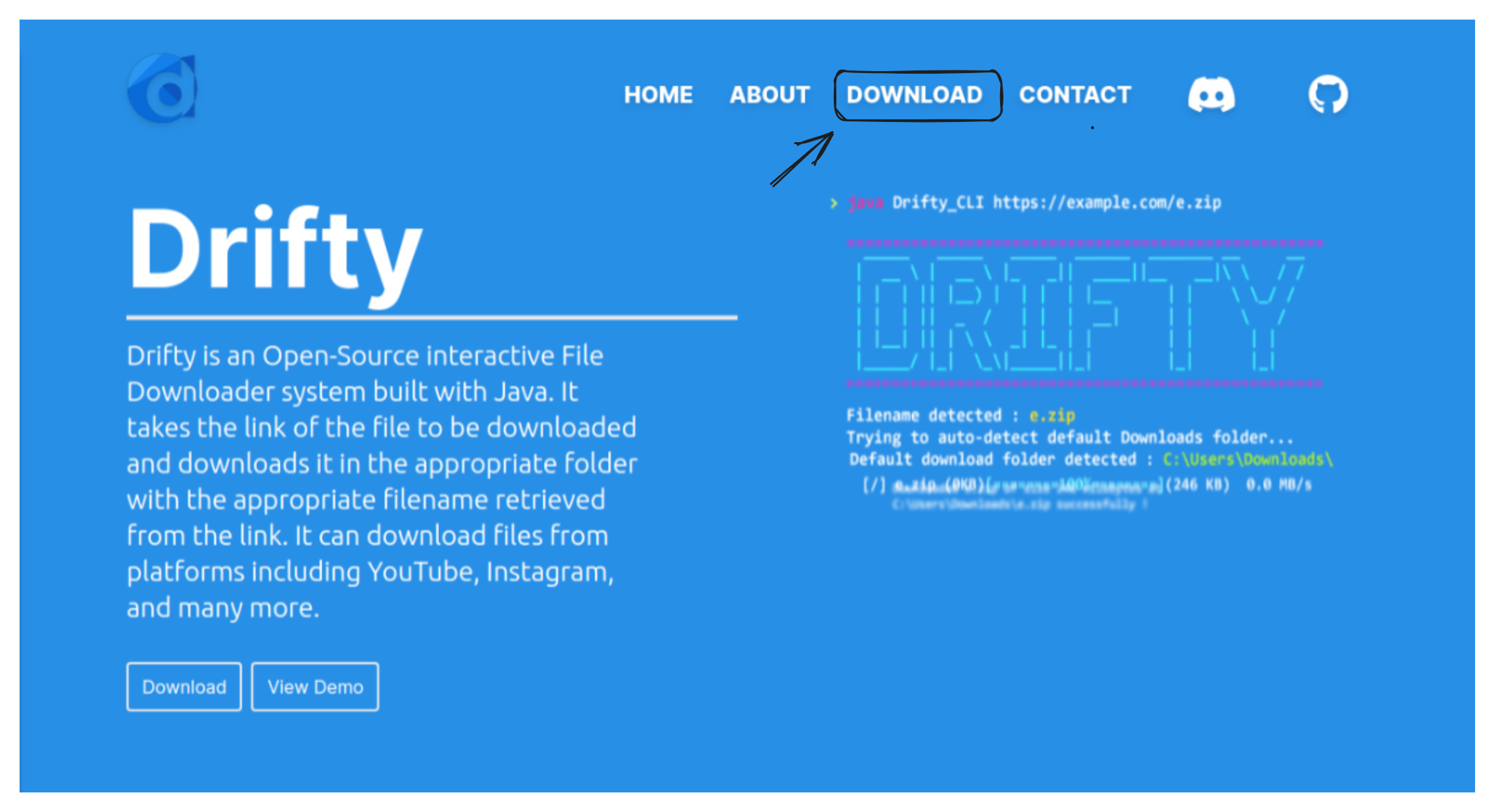 Download -Schaltfläche Auf der Drifty -Website wird darauf hingewiesen