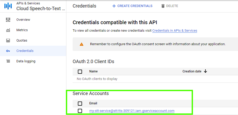 service account details