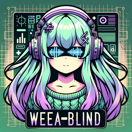 Ein blindes Anime -Mädchen mit einer Audiowellenform für Augen. Sie hat grünes und lila Haare und einen gemütlichen grünen Pullover und lila Burrettes. Dies über die Wörter, die sich blind machen. Das Bild wurde von Dall-e AI erzeugt